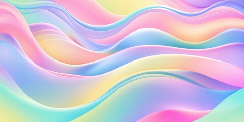 Obraz premium Abstract colorful background with soft, wavy patterns flowing horizontally. Vibrant pastel colors, including pink, blue, purple, green, and yellow, blend smoothly with a gradient effect.