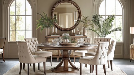 Luxurious dining room, Moroccan-inspired arched doorway, round wooden table, cream upholstered chairs, ornate ceiling molding, large potted plants, warm lighting, elegant table setting, symmetrical de