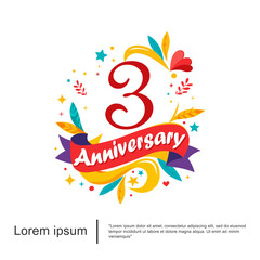Fototapeta premium 3rd years anniversary celebration emblem logo isolated colorful and cheerful with leaves, ribbons and stars on white background. vector illustration template design for web, flyers, poster, greeting