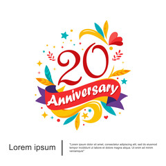 Fototapeta premium 20th years anniversary celebration emblem logo isolated colorful and cheerful with leaves, ribbons and stars on white background. vector illustration template design for web, flyers, poster, greeting