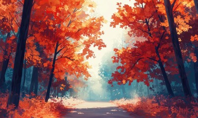Vibrant Autumn Forest Path with Colorful Leaves and Soft Fog