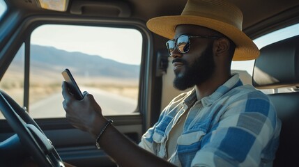 Naklejka premium Man in hat and sunglasses using phone while driving.