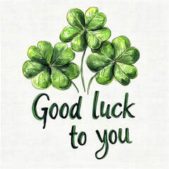 Drawing of four green clovers with the words Good Luck to You