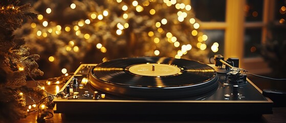Vinyl record on turntable illuminated by warm party lights, inviting atmosphere for enjoyable evening. Music mood concept