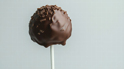 delicious chocolate covered cake pop on stick, topped with chocolate shavings, perfect for celebrations and sweet treats. Indulge in this delightful dessert