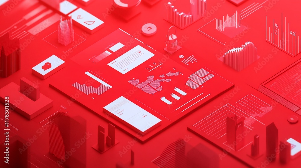 Poster Isometric red data visualization with charts, graphs, and map showing business analytics.