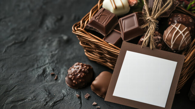 chocolate themed gift basket filled with assorted chocolates and blank card for personalization. Perfect for special occasions or as sweet surprise