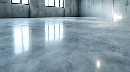 Polished concrete floor in modern building with large windows reflecting light.