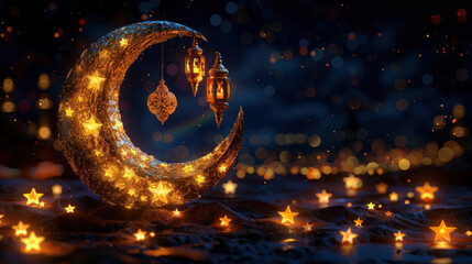 beautifully illuminated crescent moon adorned with glowing stars and hanging lanterns, set against a dark, starry background, creating a magical and festive atmosphere