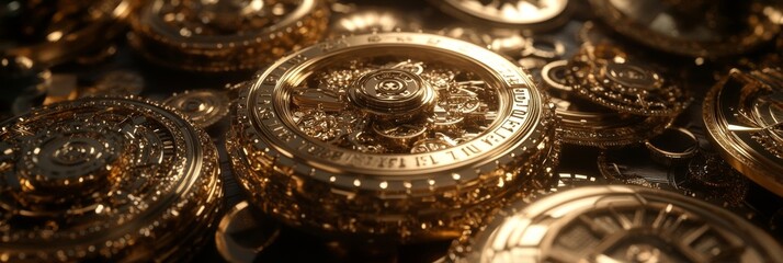 Golden Intricate Clockwork Mechanisms Close Up