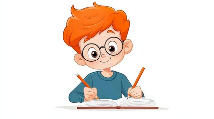 Cute Boy with Glasses Writing in Notebook with Pencils on White Background