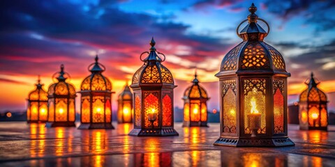 Fototapeta premium Ramadan Kareem Dusk: Glowing Arabic Lanterns Long Exposure Photography