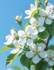 Fototapeta premium White flowers with yellow stamens and green leaves against blue sky