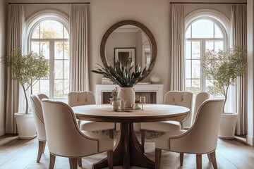 Luxurious dining room, Moroccan-inspired arched doorway, round wooden table, cream upholstered chairs, ornate ceiling molding, large potted plants, warm lighting, elegant table setting, symmetrical de
