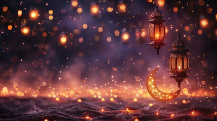 Elegant golden crescent moon, stars, and lanterns hanging against a vibrant purple backdrop, creating a festive atmosphere for ramadan or eid celebrations 