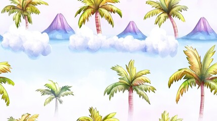 Obraz premium Vibrant Tropical Landscape with Palm Trees and Volcanic Mountains in Soft Pastel Background