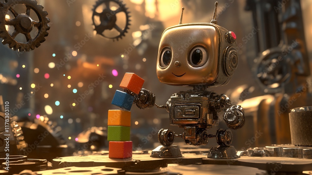 Aufkleber A cute metallic robot plays with colorful blocks in a steampunk-style workshop.