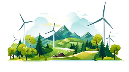 Wind turbines generating clean energy in green meadow landscape
