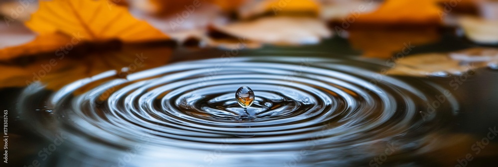 Poster water droplet creating concentric ripples in a pond surrounded by autumn leaves.