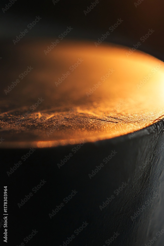Poster close-up of a glowing, metallic surface with subtle textures and warm lighting.