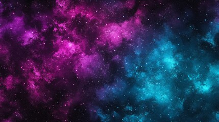 A vibrant cosmic scene featuring swirling pink and blue nebulae against a starry backdrop.