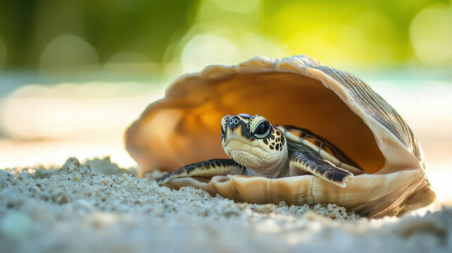 little turtle peeking out from sea shell on sandy beach, showcasing its unique patterns and textures. soft background adds serene atmosphere to this charming scene