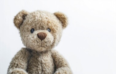 Fototapeta premium Photograph of a cute teddy bear toy, isolated on a white background, with ample space for text or design. The image is highly detailed and in sharp focus.