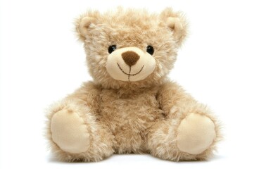 Obraz premium Photograph of a cute teddy bear toy, isolated on a white background, with ample space for text or design. The image is highly detailed and in sharp focus.