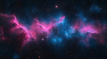 Fototapeta premium A vibrant nebula displaying swirling pink and blue gases against a backdrop of stars, illustrating the beauty of the cosmos.