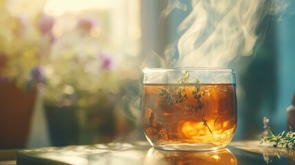 Fototapeta premium A glass of tea with a sprig of thyme floating in it