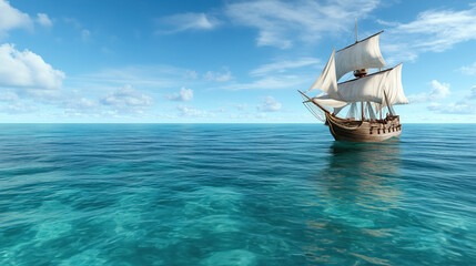 Naklejka premium detailed pirate ship sailing on calm turquoise waters under blue sky