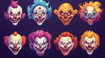 Eight scary clown faces, various hair colors and expressions.