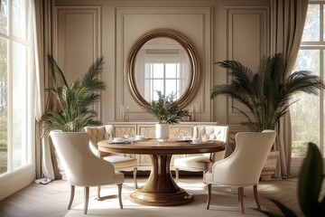 Fototapeta premium Elegant dining room, round wooden table, beige upholstered chairs, large circular mirror, natural light, indoor plants, neutral color palette, modern rustic design, white walls, arched windows, minima