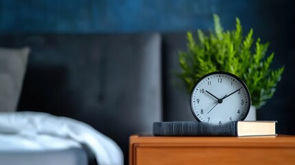 Naklejka premium Peaceful Bedroom Setting with Clock, Plant, and Book
