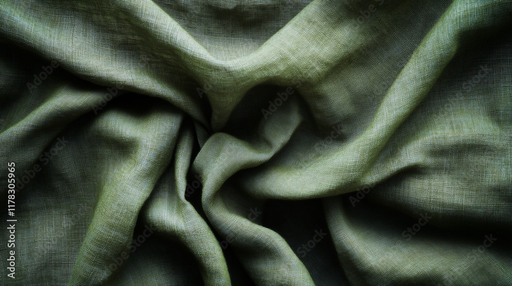 Poster Close-up of textured olive green fabric with wrinkles and folds creating swirling pattern.