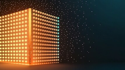 Glowing cube with orange and teal lights, particles falling.