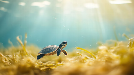 Obraz premium little turtle swimming through field of sea grass, surrounded by sunlight filtering through water, creates serene underwater scene