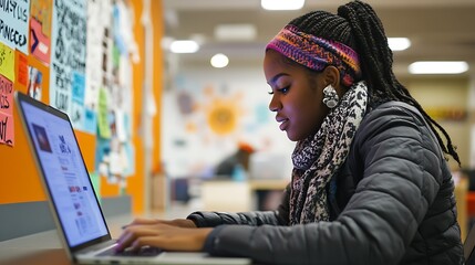 A student working on a laptop at a desk with motivational quotes on the wall, focused on accomplishing life goals through learning