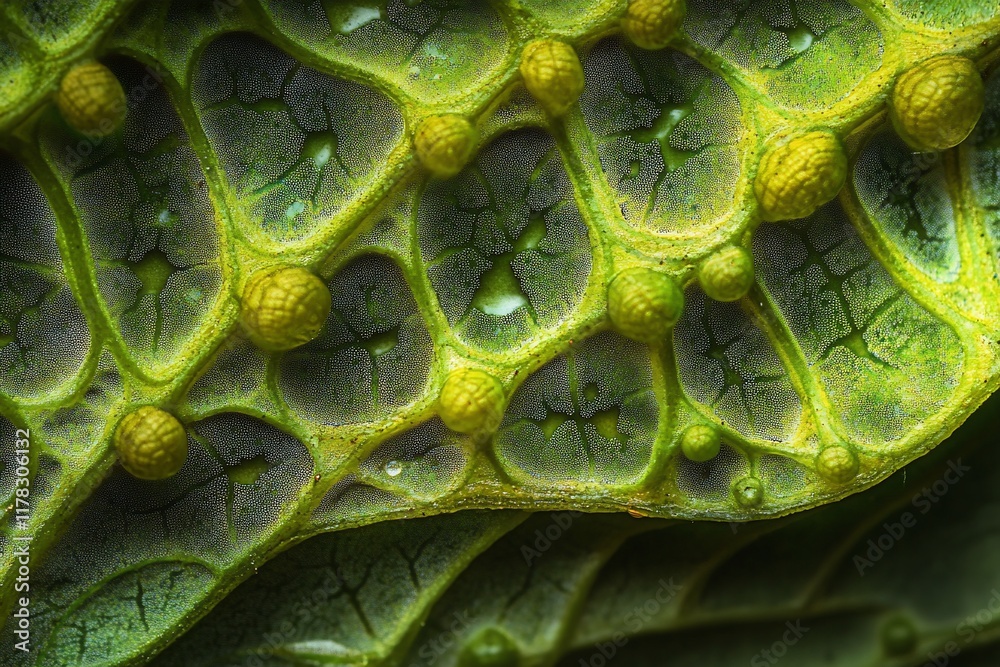 Leinwandbilder close-up of a leaf's textured surface, showing intricate vein patterns and small, bulbous growths.