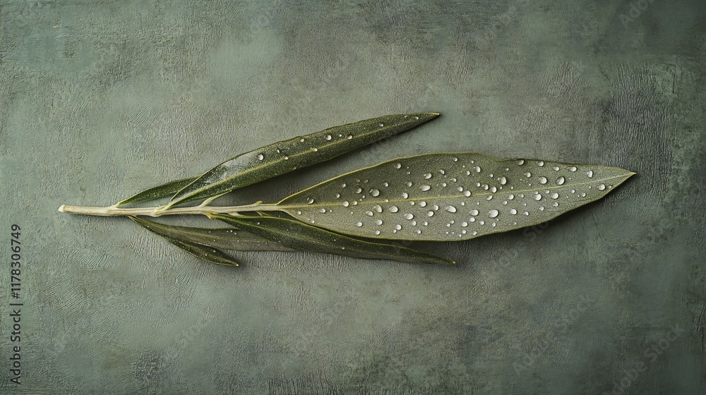 Poster olive branch with dew drops on a textured green background.
