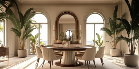Fototapeta premium Elegant dining room, round wooden table, beige upholstered chairs, large circular mirror, natural light, indoor plants, neutral color palette, modern rustic design, white walls, arched windows, minima