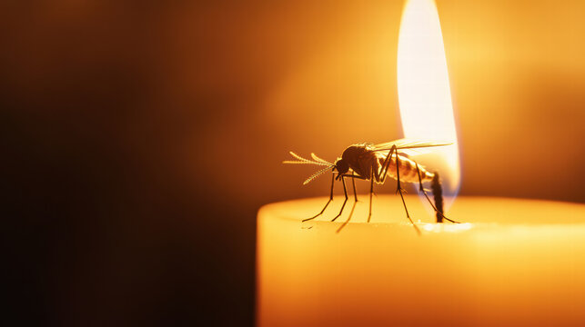mosquito buzzing near warm candle flame, creating serene atmosphere. soft glow of candlelight contrasts with delicate features of insect, evoking sense of calm