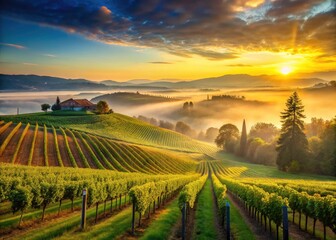 Sunrise Vineyard Landscape Photography: Rolling Hills, Misty Valley, Golden Hour, Wine Country Scenery, Architectural Photography