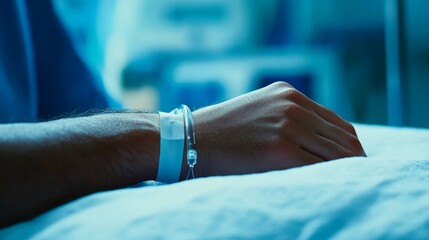 A hand rests on a hospital bed, showcasing a patient wristband in a medical setting.