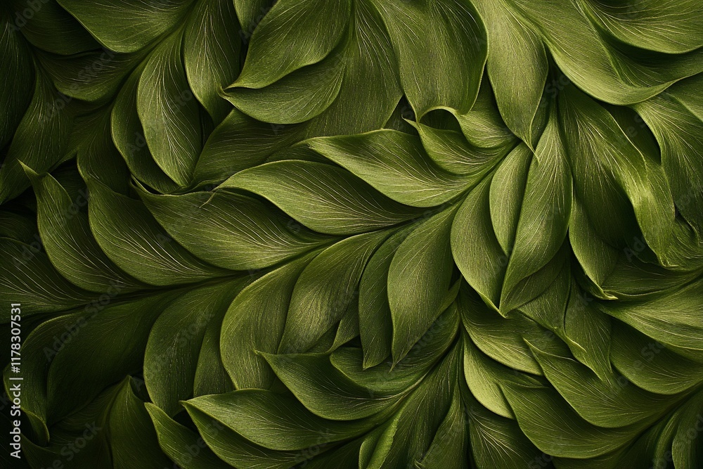 Poster Lush green leaves arranged in an overlapping pattern, creating a textured background.