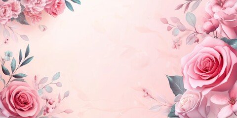 Pink rose background with copy space for text, a soft and dreamy romantic banner template for a wedding invitation card or Valentine's Day design concept. The light pink color, blurred background