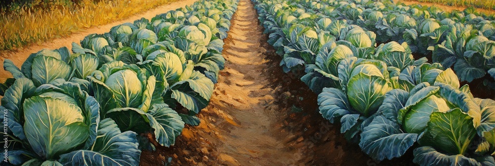 Poster lush rows of cabbages in a sunlit field.