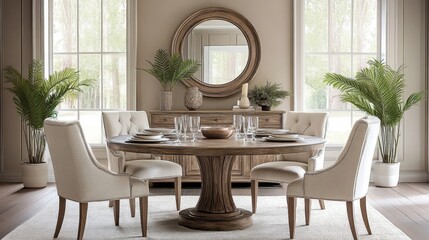 Elegant dining room, round wooden table, beige upholstered chairs, large circular mirror, natural light, indoor plants, neutral color palette, modern rustic design, white walls, arched windows, minima