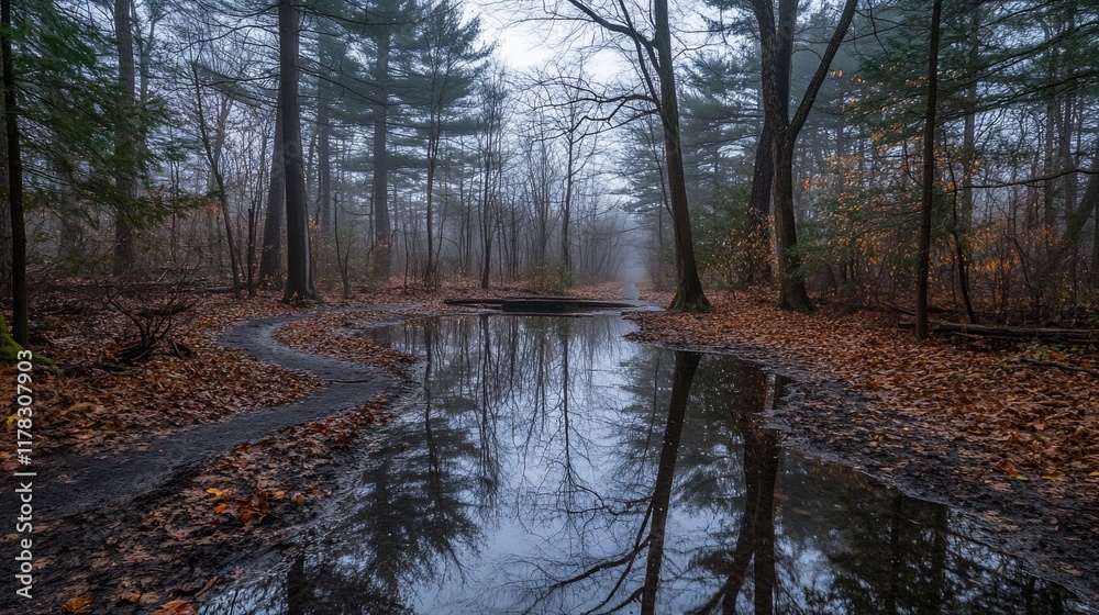 Poster Misty autumn forest path reflecting in a puddle.