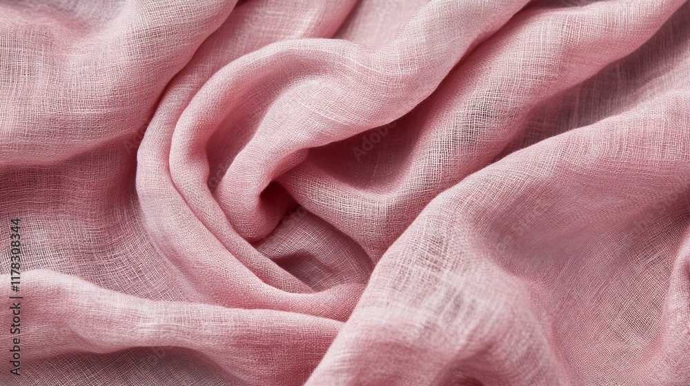 Poster close-up of soft, pink fabric with draped folds and wrinkles, showcasing texture and subtle sheen.